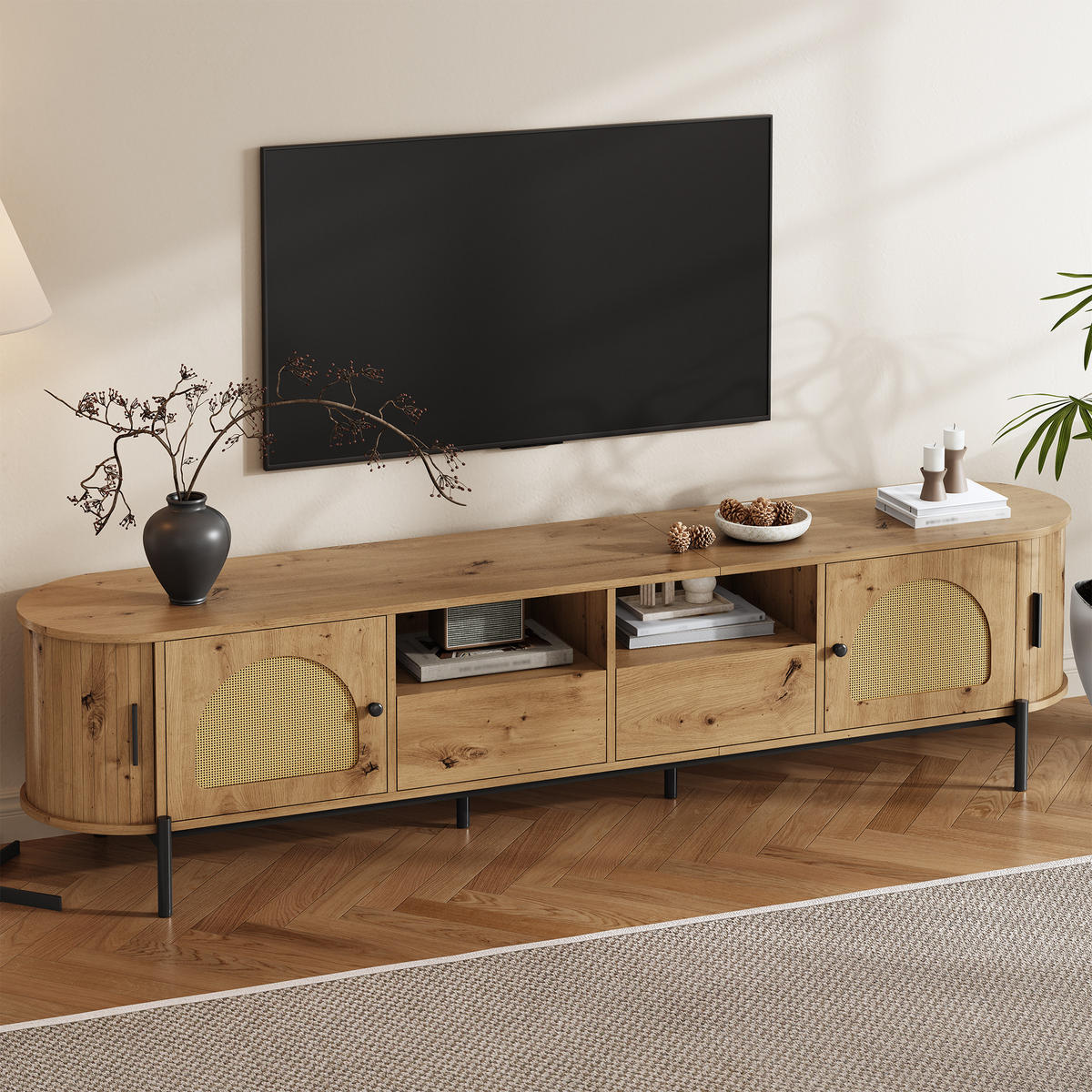TV-SCHRANK oval Rattan Holzoptik - Naturfarben, Holzwerkstoff (200/49.5/40cm)