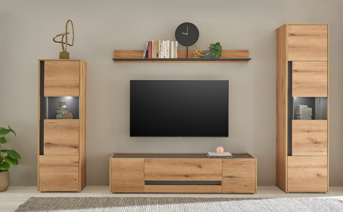 WOHNWAND Evoke Eiche, grau, Wohnkombination Set 4-teilig, 310 cm - Eichefarben/Grau, Glas/Holz (310/197/45cm) - Furn.Design