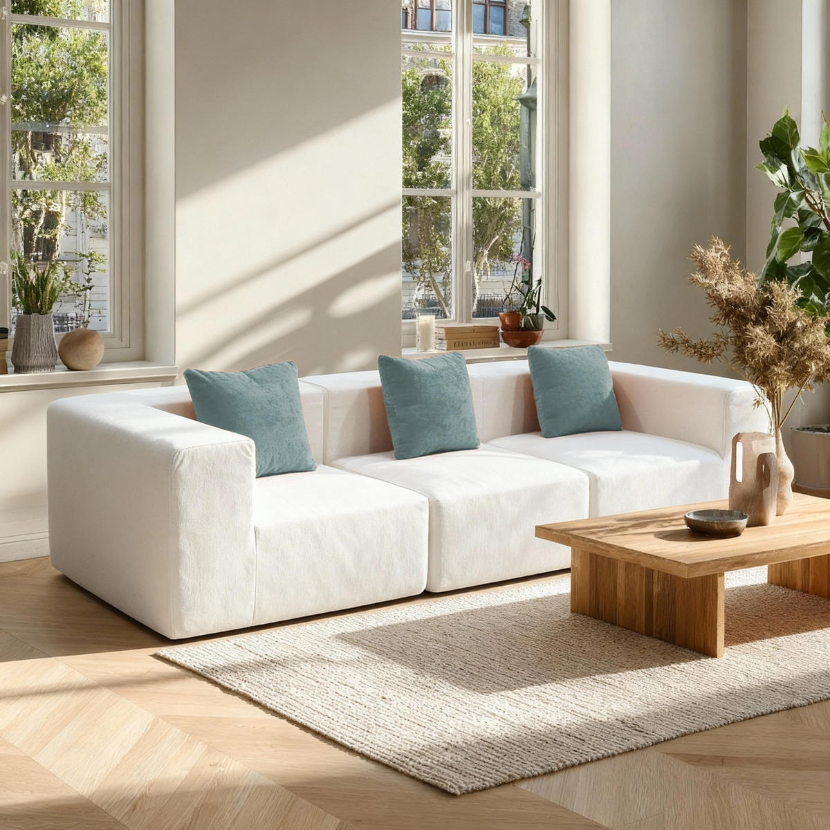 SOFA Pure 3-Sitzer - Weiß Salbei - Türkis/Weiß, Textil (300/62/100cm) - COCO Living