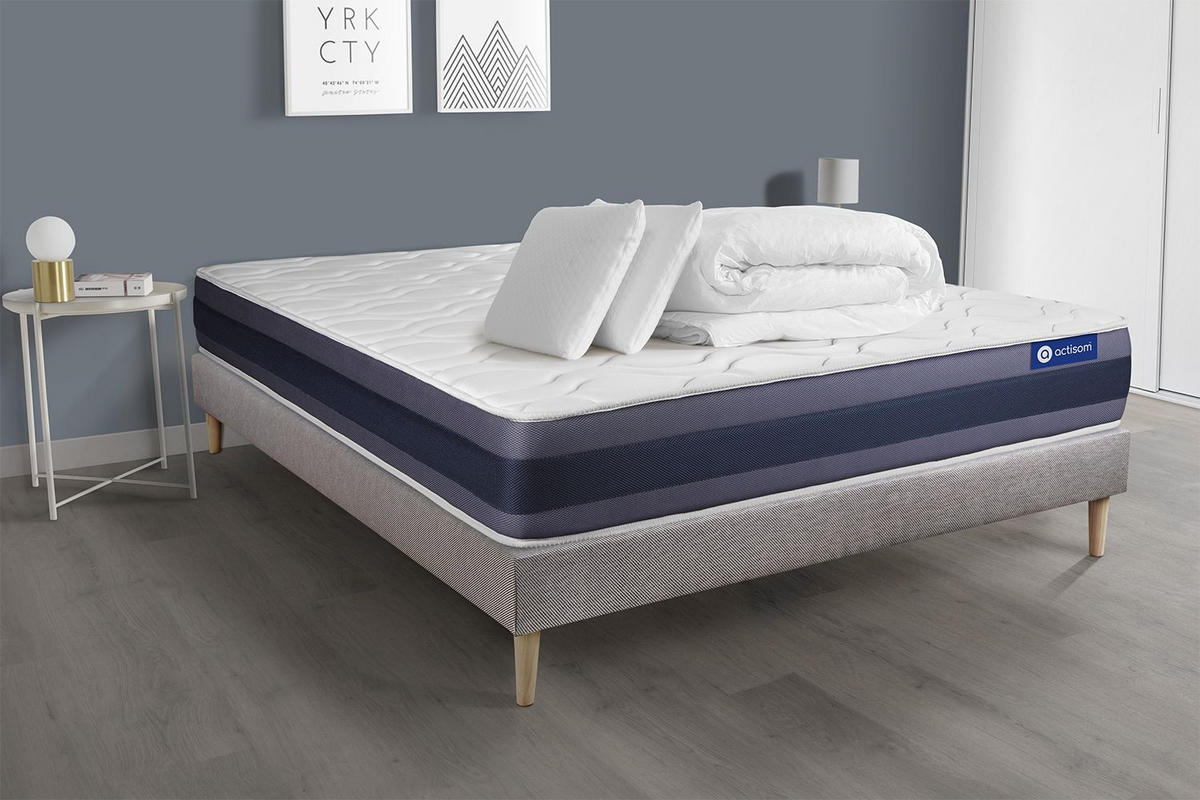 BETT Actiflex morpho Taschenfederkern und Memory-Schaum 160 x 200 cm h1 - Kit Bettgestell Grau - Mit Kissen und Bettdecke - Beige/Grau, Holz/Textil (160/200cm) - ACTISOM