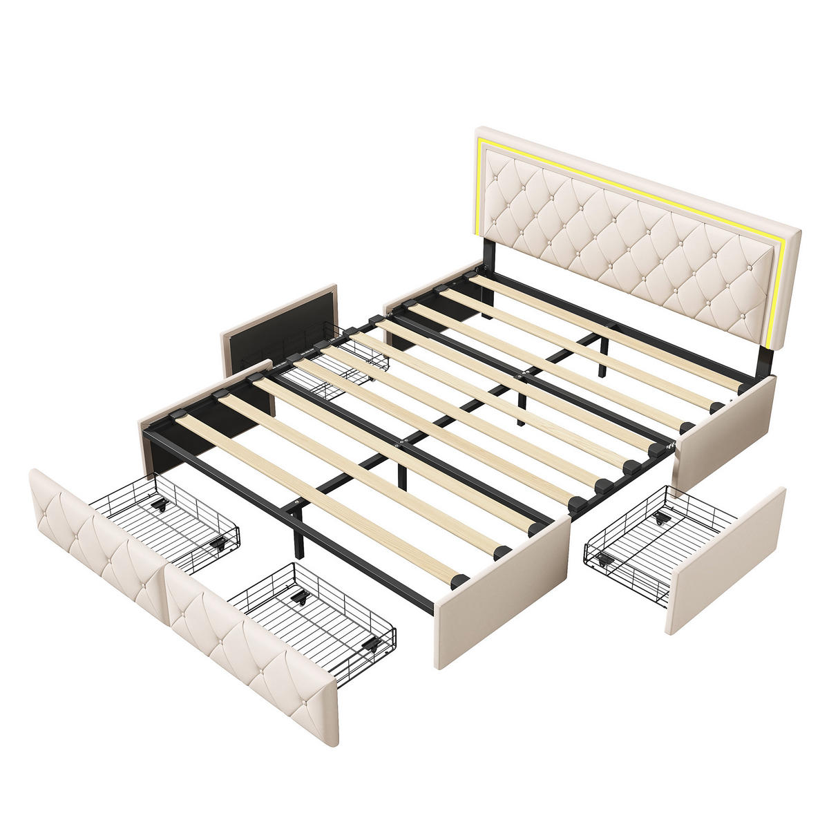 POLSTERBETT 140x200 cm LED 4 Schubladen PU Leder beige - Beige, Holz (140/200cm) - LEBENLANG