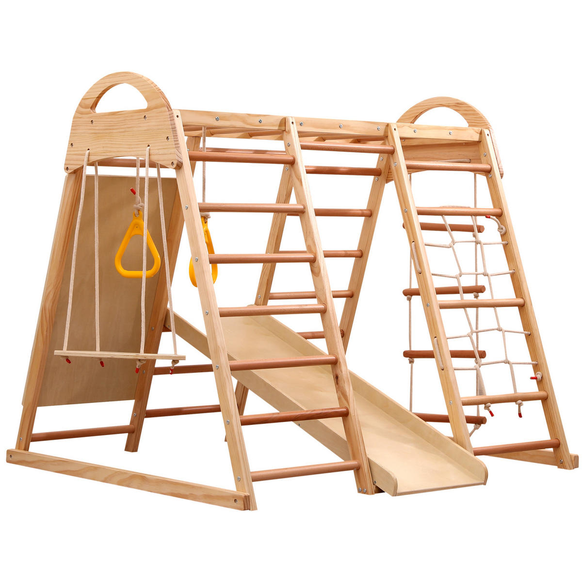 MULTIFUNKTIONS-KLETTERGERÜST 7-in-1,mit Schaukel, Kletterleiter, Kletterplattenrutsche, Ein Netz zum Klettern, Kletterstein aus Kunststoff. - Kernbuche, Holz (120/120/134cm) - Hauptrolle