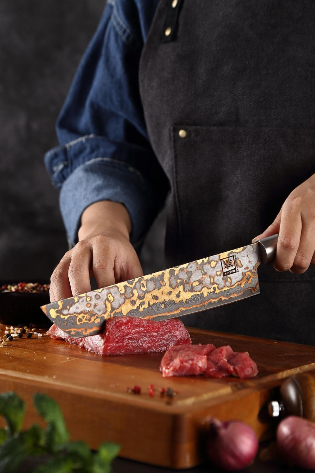 TANTO Chefmesser MysticMagma Damast - Braun, Holz/Metall (34cm) - Zayiko