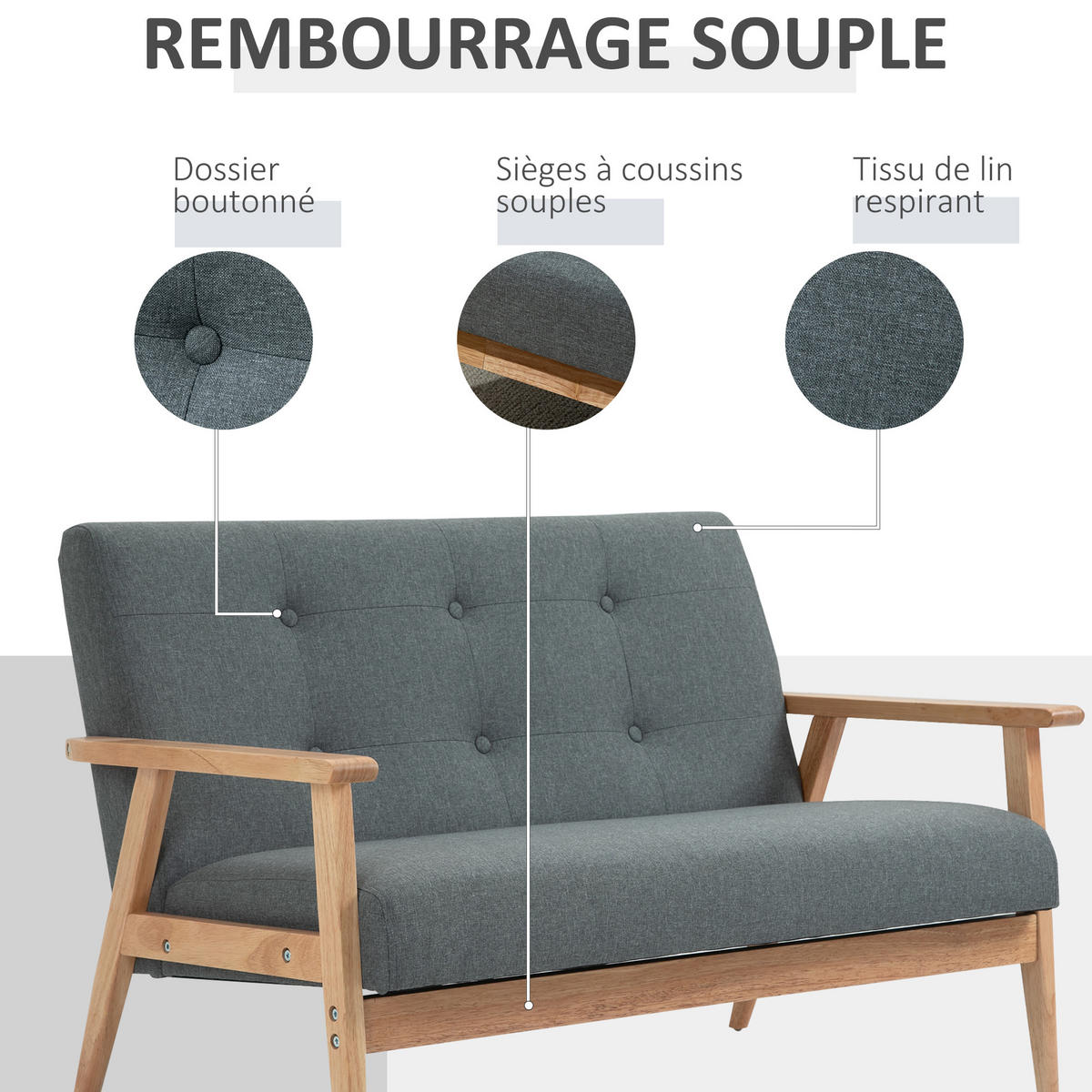 SOFA, 2-Sitzer, skandinavisch, Armlehnen, Holzbeine, grau, 115x66,5x73cm - Multicolor, Holzwerkstoff (115/73/66.5cm) - FORIOUS