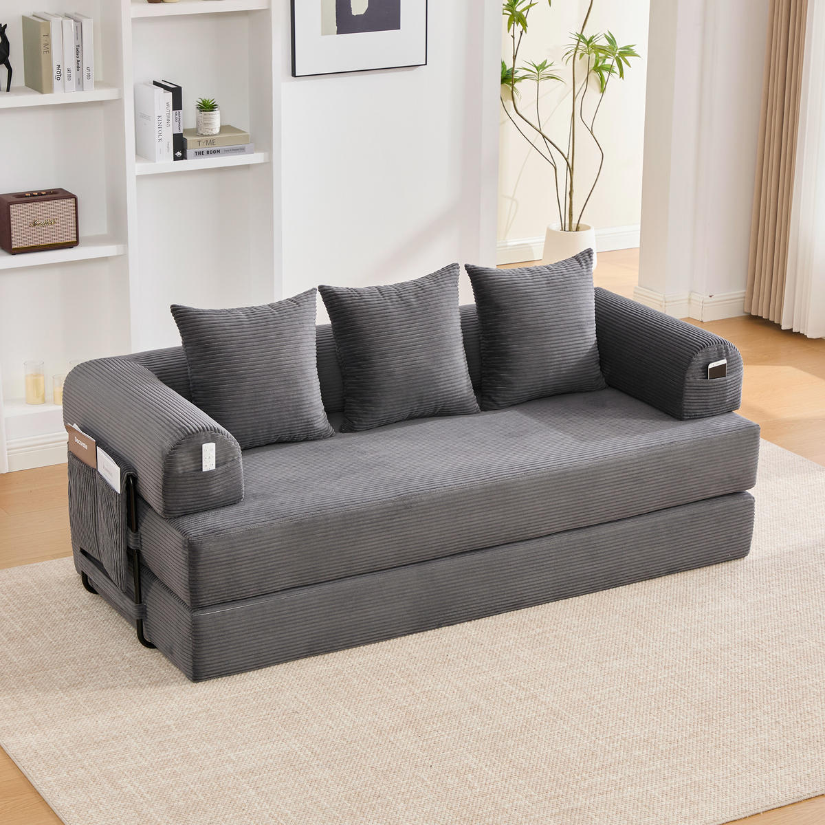 SCHLAFSOFA 200/94/67 cm Dunkelgrau mit Seitentaschen plus und 3 Kissen - Dunkelgrau, Textil (200/67/94cm) - Oxeza