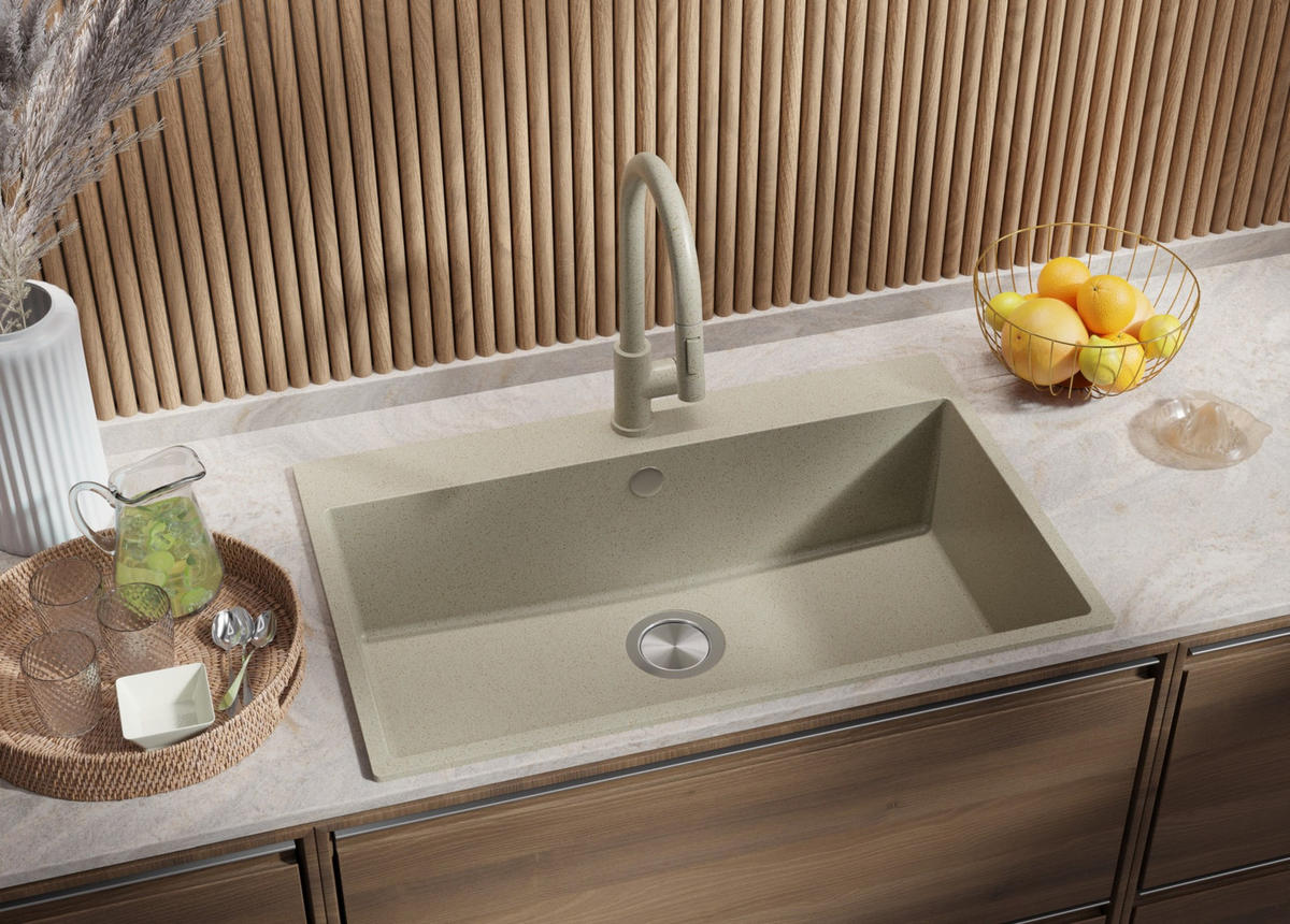 GRANITSPÜLE Riga, 3-er set Alles Beige 78/50 cm, 1 Becken + Küchenarmatur 32/20 cm + Ablauf-Set ab 80er Unterschrank - Beige, Kunststoff (78/20/50cm) - Primagran