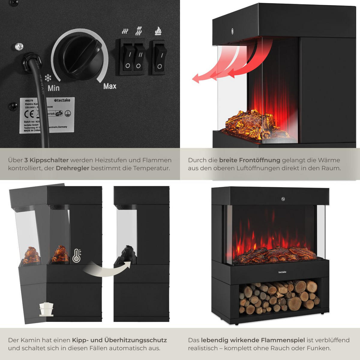 ELEKTROKAMIN Leora,integriertes Thermostat,schwarz - Schwarz, Metall (60/73.5/33cm) - tectake