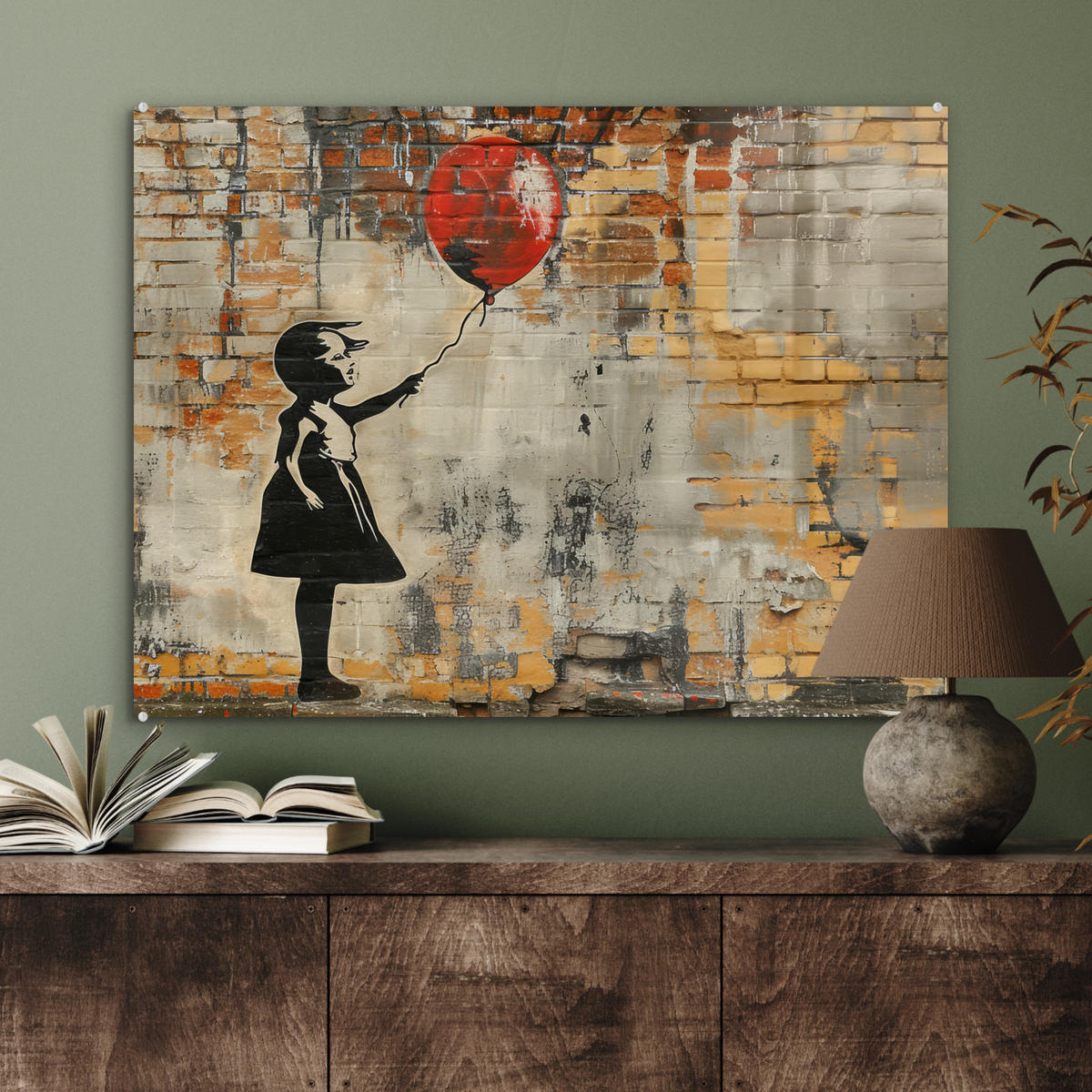 ACRYLGLASBILD Graffiti - Banksy - Mädchen - Straßenkunst 80x60 cm - Sandfarben, Glas (80/60cm) - MuchoWow