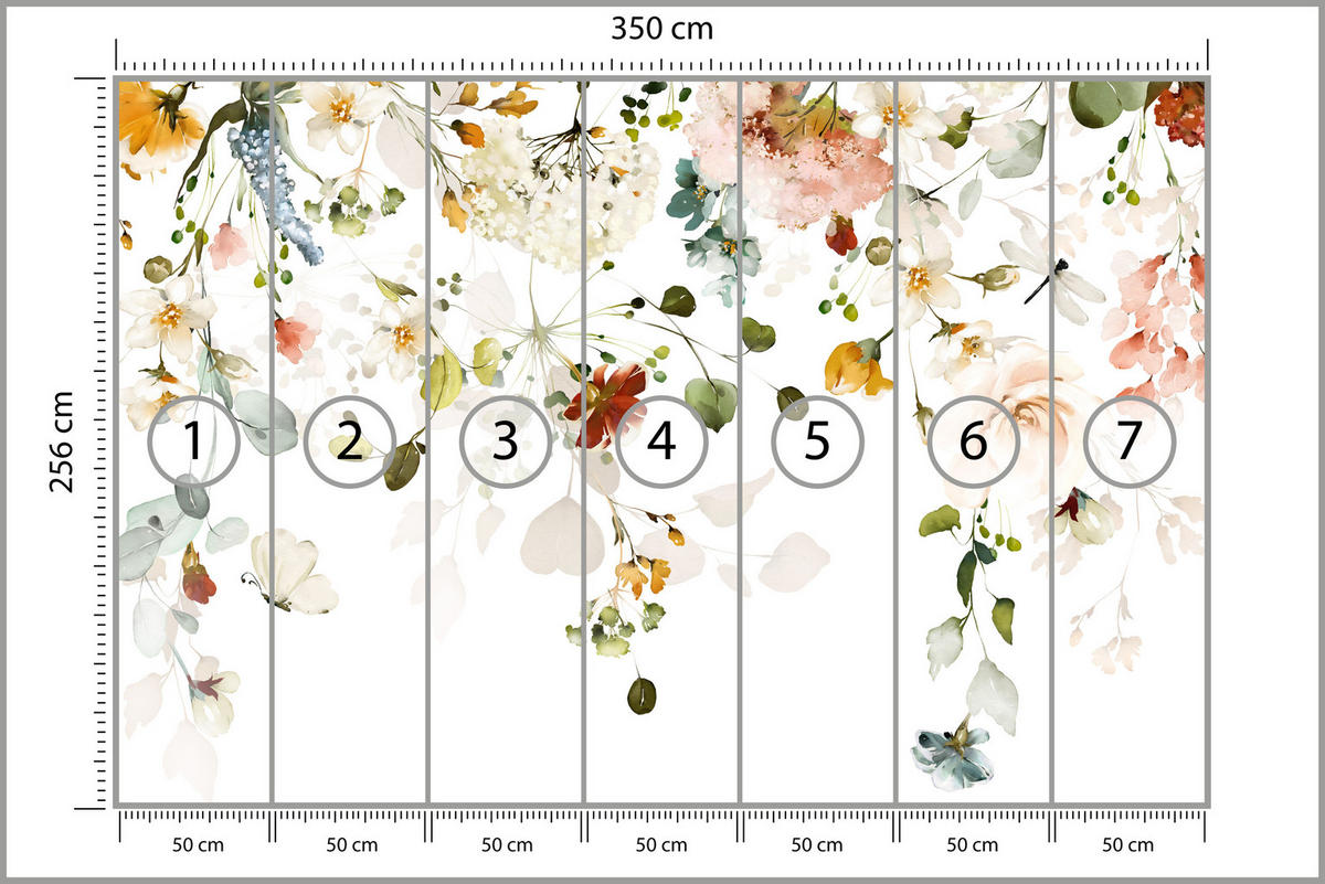 FOTOTAPETE für Schlafzimmer Bunte Zarte Blumen Blätter Pastell 350x256 - Ecru/Beige, Papier (350/256cm) - Muralo