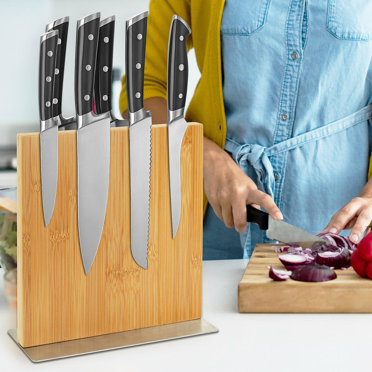 MESSERBLOCK - Hellbraun, Holz/Textil (25/23/10cm) - Relaxdays