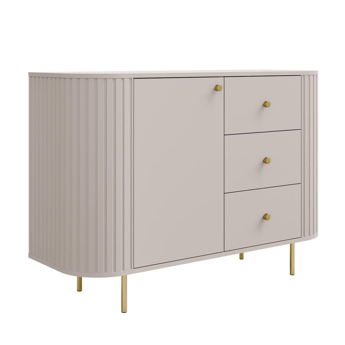 SIDEBOARD Halay Beige, 1 Tür & 3 Schubladen Moderne Rillenstruktur 123 cm - Beige/Goldfarben, Holzwerkstoff/Metall (123/85.4/42.3cm) - AX Living