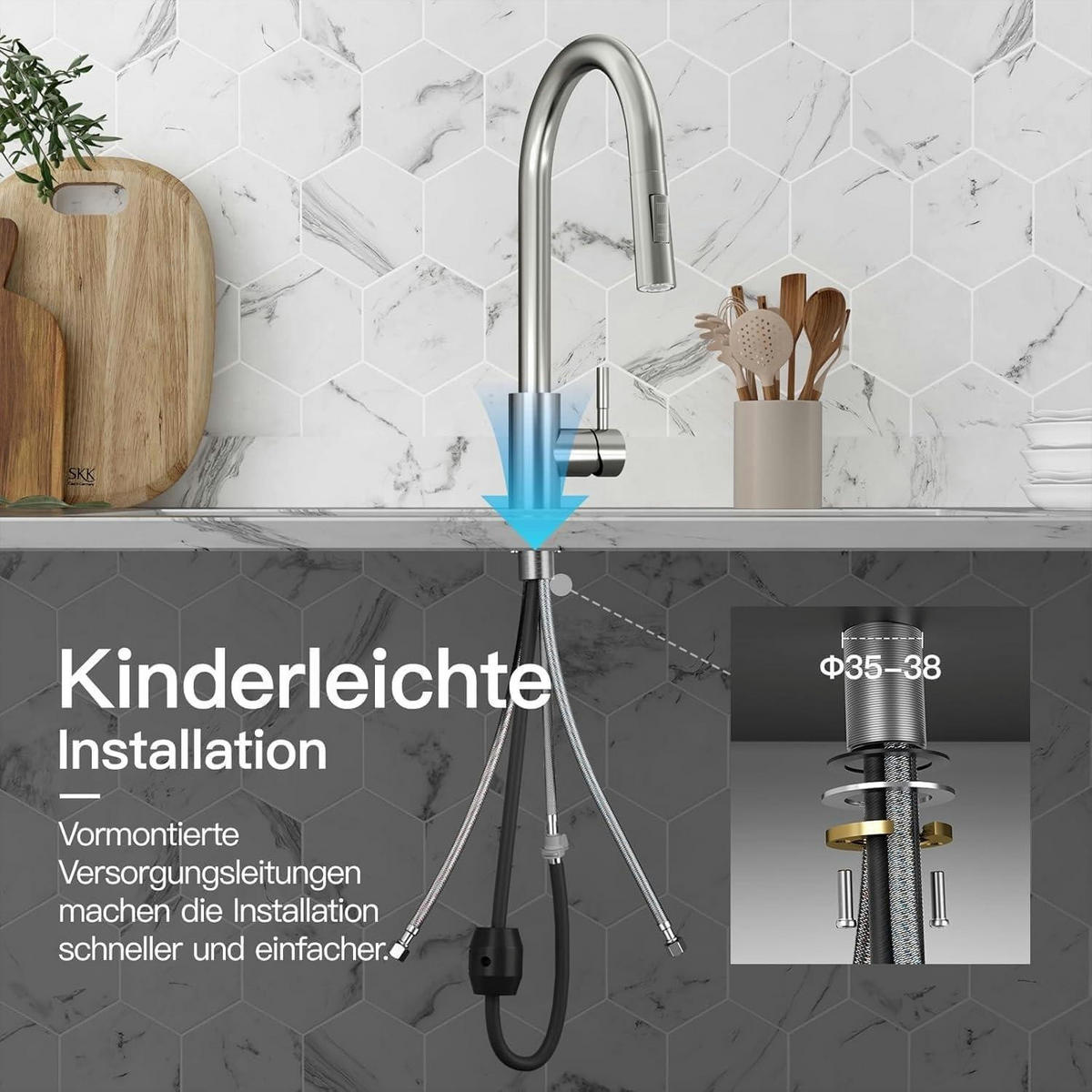 KÜCHENARMATUR Edelstahl mit herausziehbarer Brause 360° schwenkbar 2 Strahlarten gebürstet Chrom - Silberfarben, Metall (5.7/43.5/21cm)