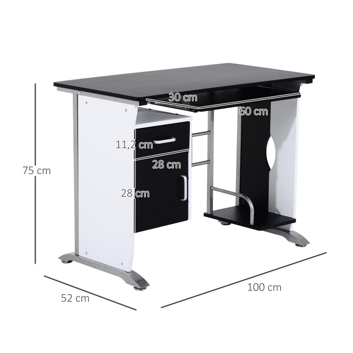 SCHREIBTISCH Schwarz und Weiß mit Tastaturauszug, Schublade und Schrankfach 100/52/75 cm - Schwarz, Holzwerkstoff (52/100/75cm) - PANGIVO