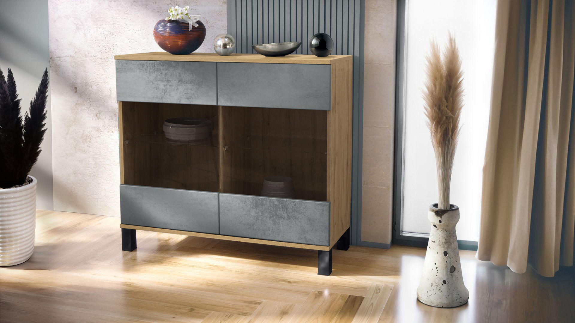 KOMMODE Bari Beton Dunkel Optik - Dunkelgrau, Holzwerkstoff (92.5/84.5/35cm) - Vladon