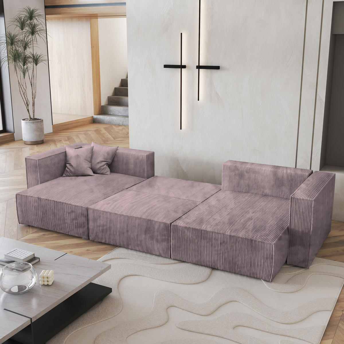 WOHNLANDSCHAFT SARMO P Lila Kordstoff mit Schlaffunktion - Lila, Holz (347/70/148cm) - MASSENO
