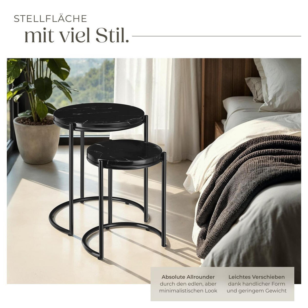 BEISTELLTISCH Ellsa,ineinander schiebbar,schwarz/schwarz - Schwarz, Stein (43/43/50.5cm) - tectake