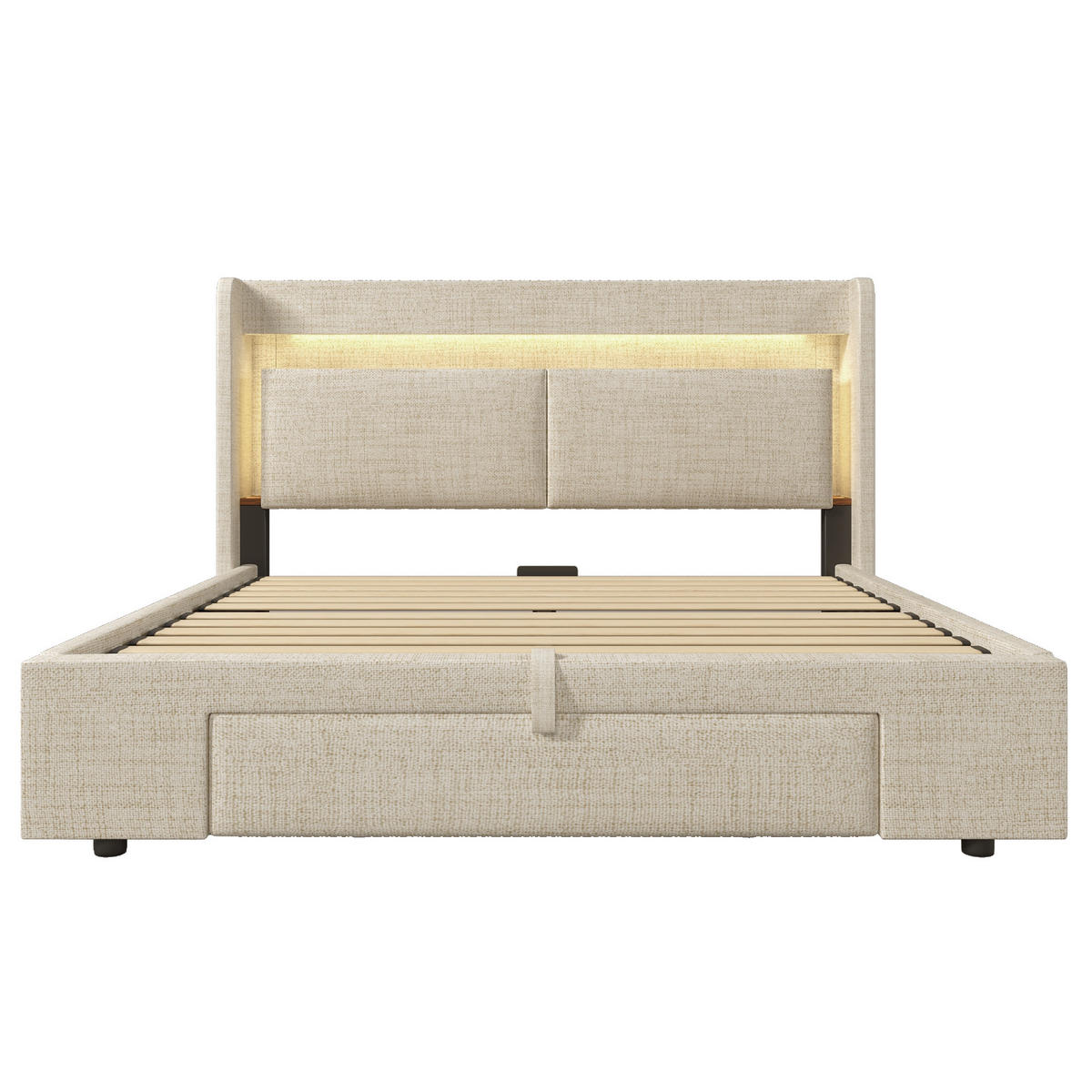 POLSTERBETT 160/200 cm mit LED, USB und USB-C, hydraulischem Stauraum und Schublade aus Leinen, Beige - Beige, Textil (160/200cm) - Redom