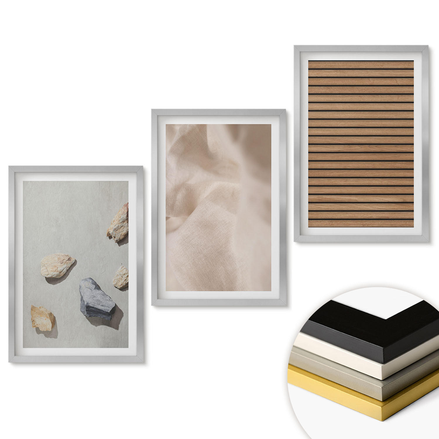 WANDBILDER 3er Set - 40x60 cm Silberner Rahmen - Steine, Holz, Stofftexturen - Silberfarben, Kunststoff (40/60cm) - ArtPrintCave