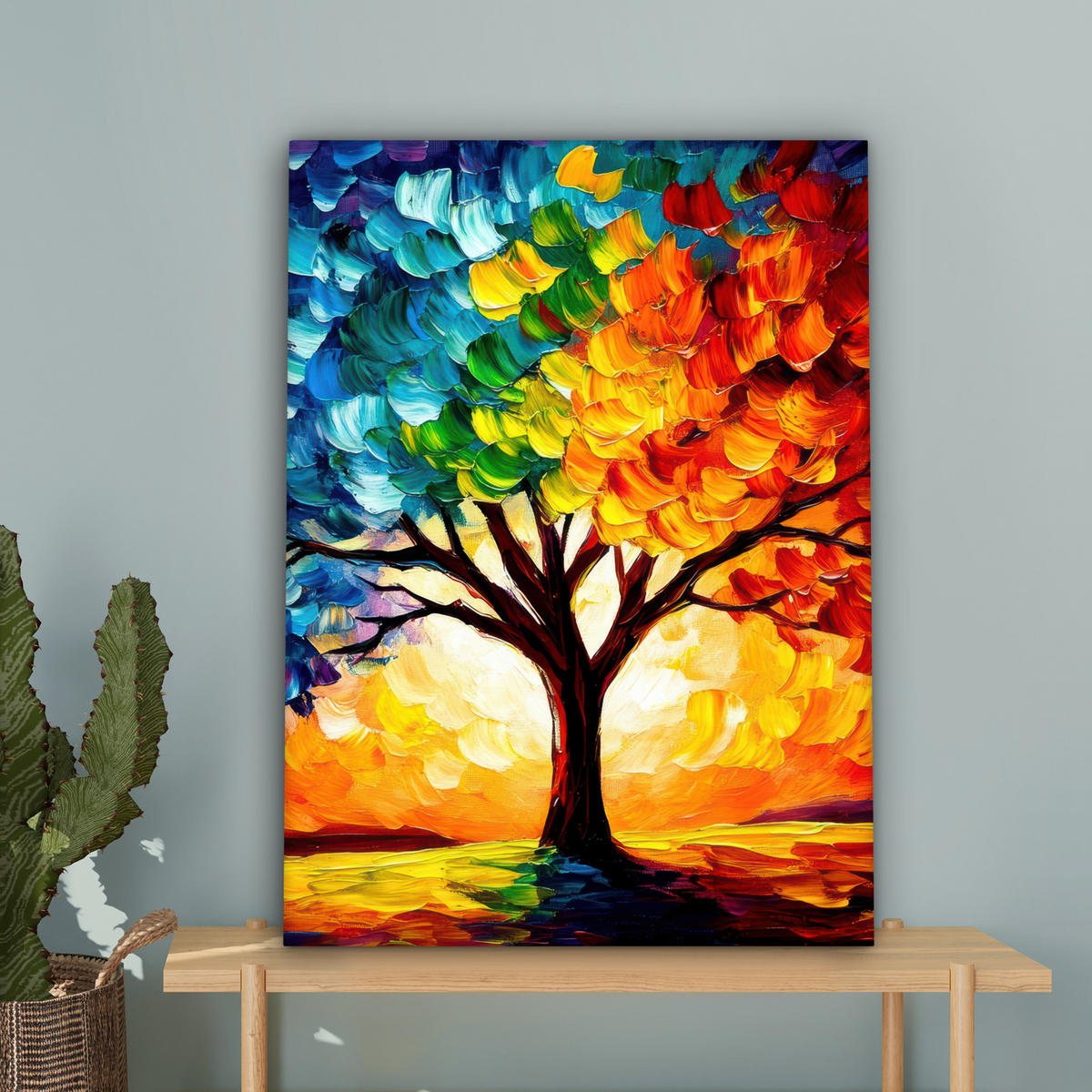 LEINWANDBILD - Baum - Kunst - Natur - Sonnenuntergang - 60x80 - Gemälde - Multicolor, Textil (60/80cm) - MuchoWow