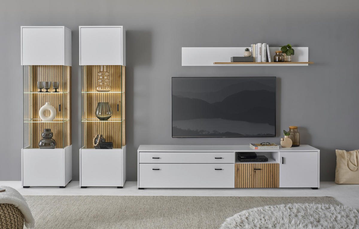 TV-LOWBOARD weiß matt, Eiche 200 cm, Flat-TV Unterschrank mit Soft-Close - Eichefarben/Schwarz, Holzwerkstoff/Kunststoff (200/44/42cm) - Furn.Design