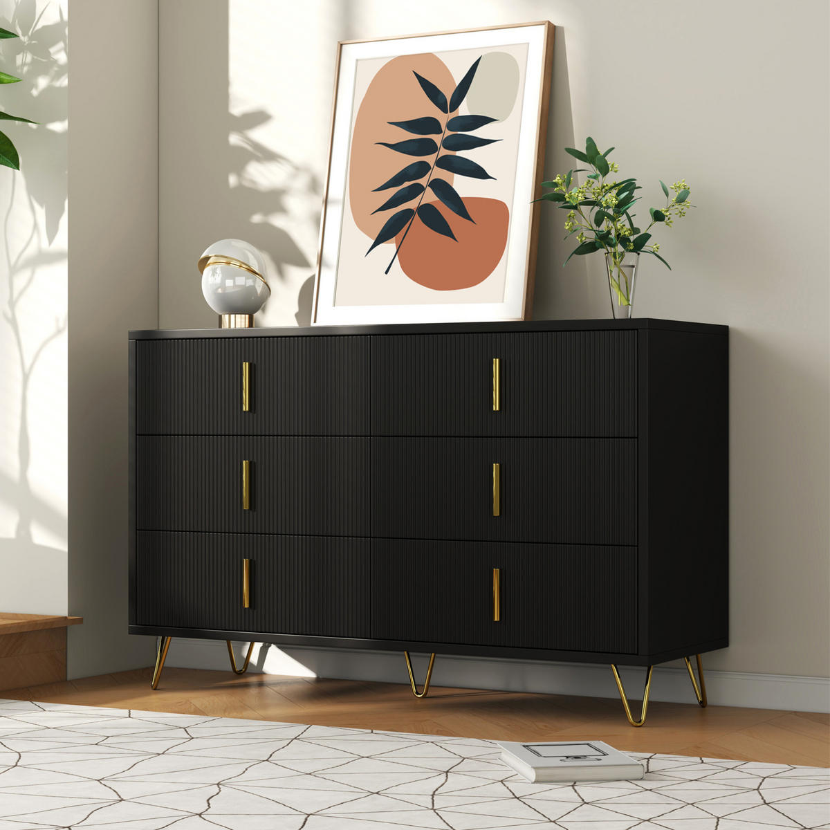 KOMMODE 120/77/40 cm Schwarz und Gold aus Spanplatte mit 6 Schubladen - Schwarz, Holzwerkstoff (40/77/120cm) - OKMYHOME