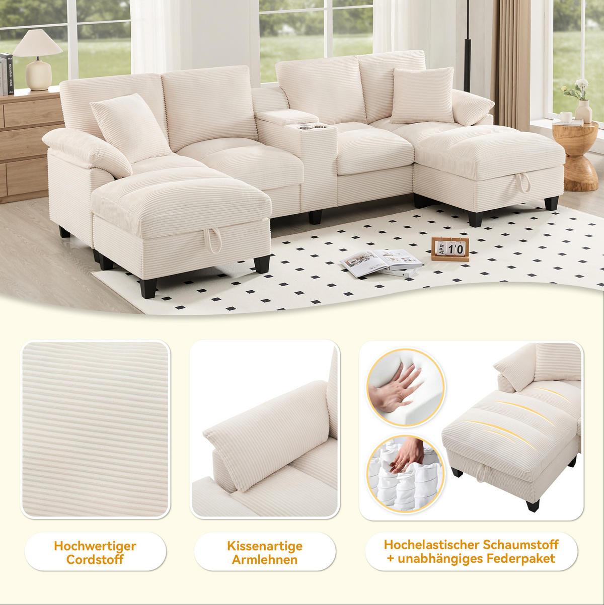 WOHNLANDSCHAFT 293/142/93 cm in Beige mit Stauraum, USB-Anschlüssen und Getränkehalter - Beige, Textil (93/293/142cm) - Flora Grace