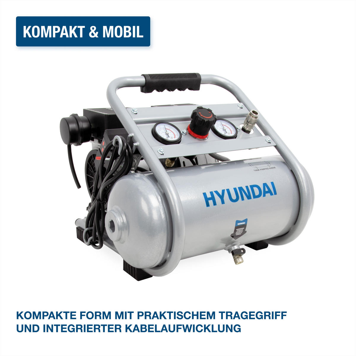 SILENT Kompressor SAC75008IC (9 bar, 8L, tragbar, ÖLFREI, 49 dB, 750 W / 1 PS) - Silberfarben, Metall (41/41/36cm) - HYUNDAI