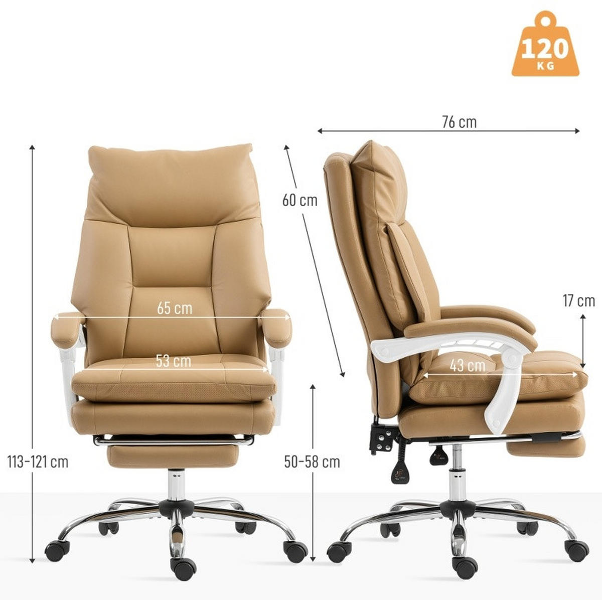 BÜROSTUHL in Braun 65x76x121 cm mit ausziehbarer Fußstütze und neigbarer Rückenlehne - Braun, Leder (76/121/65cm) - IVMEU