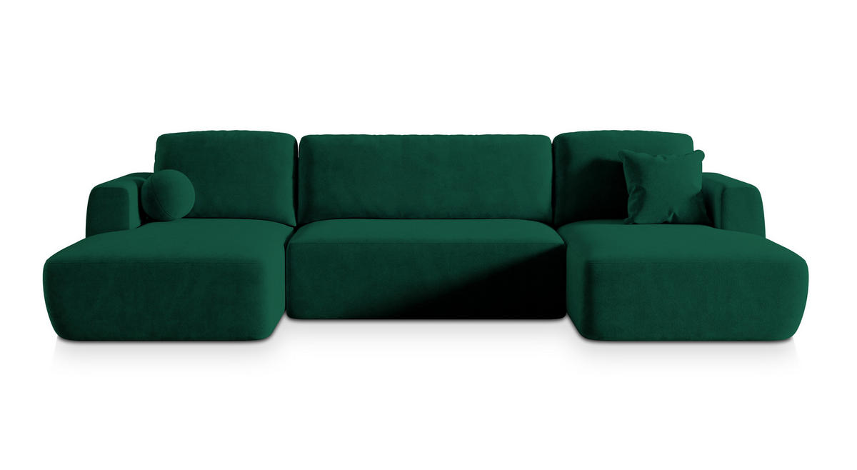 WOHNLANDSCHAFT SENTUM K Grün Plüsch-Stoff mit Schlaffunktion - Grün, Holz (330/90/148cm) - MASSENO