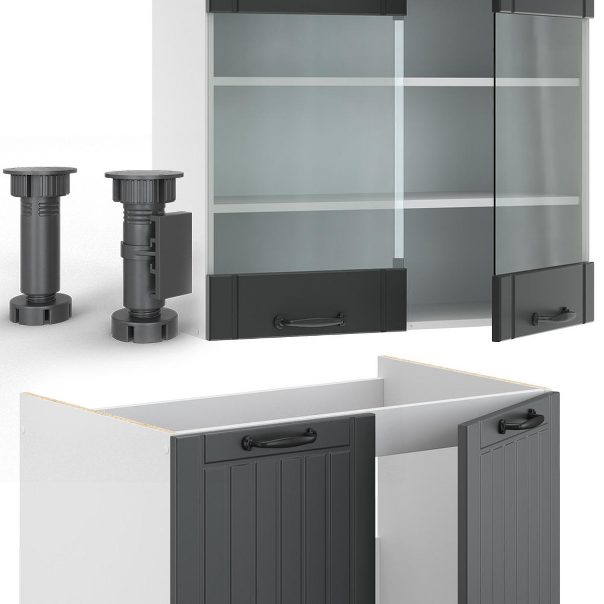 KÜCHENZEILE Fame-Line Anthrazit Landhaus/Weiß 240 cm, AP Eiche - Dunkelgrau/Weiß, Holzwerkstoff (240/81.6/60cm) - Vicco
