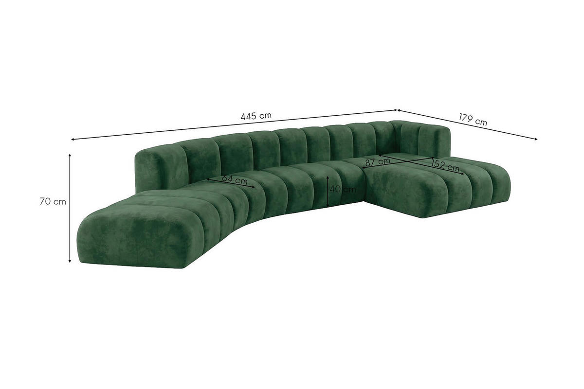 ECKSOFA Modulares In L-Form, Velvet-Stoff Riviera, Grün, Rechts, GRAND Round - Grün, Holz (445/179cm) - Kaiser Möbel