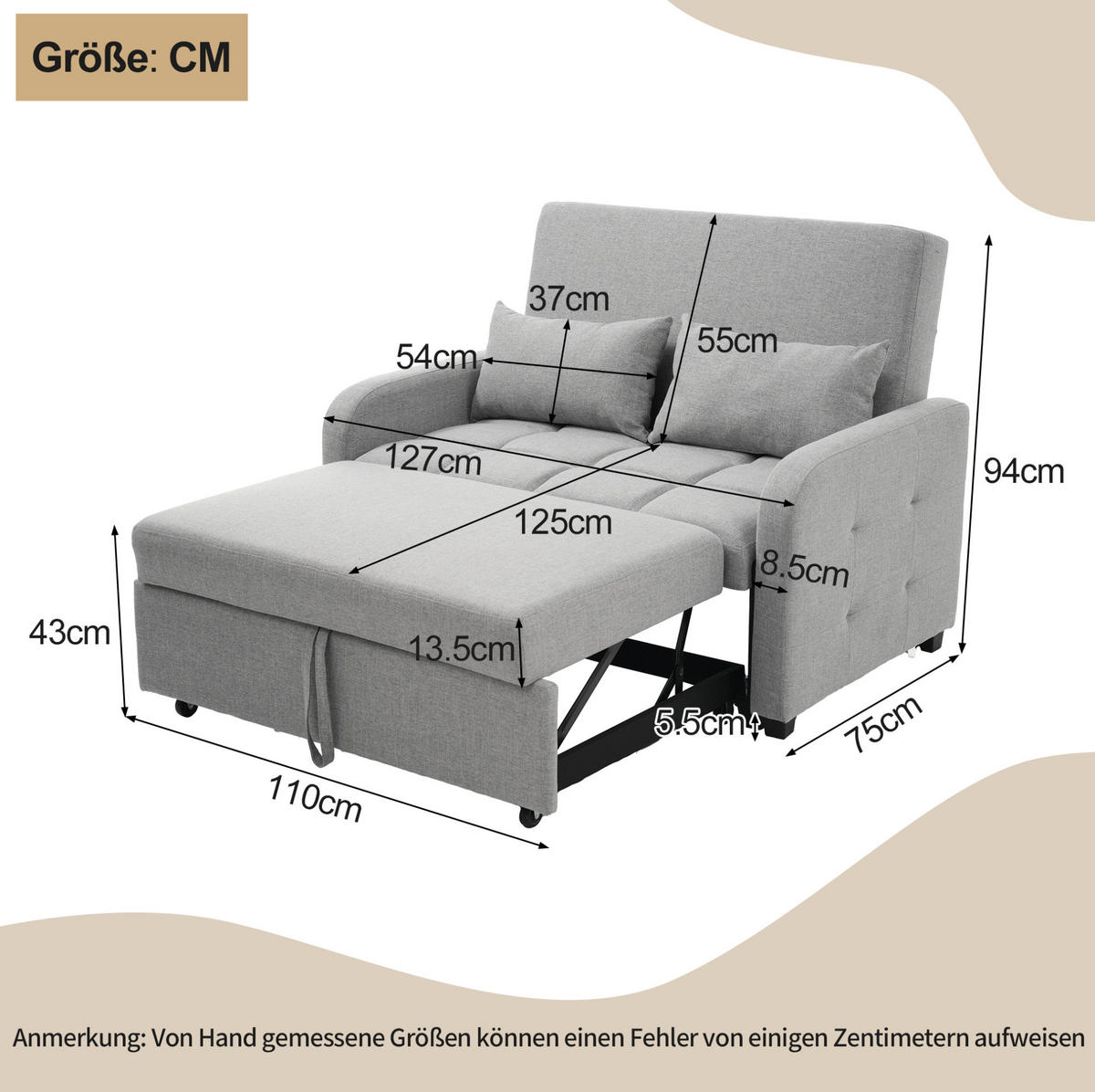 SCHLAFSESSEL 127/75/94 cm mit Liegefläche 110/180 cm – 3-fach verstellbar - Grau, Kunststoff (127/94/75cm) - BEAOK
