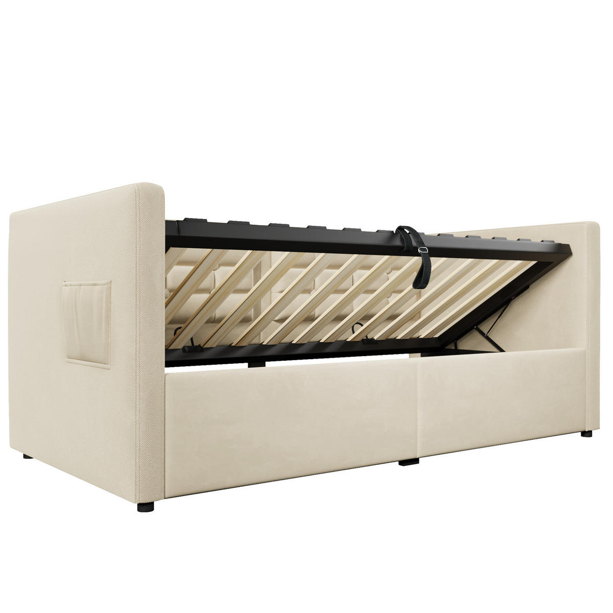 BETT 90/200 cm Beige mit hydraulischem Stauraum und USB- und Type-C-Anschlüssen - Beige, Textil (90/200cm) - OKWISH