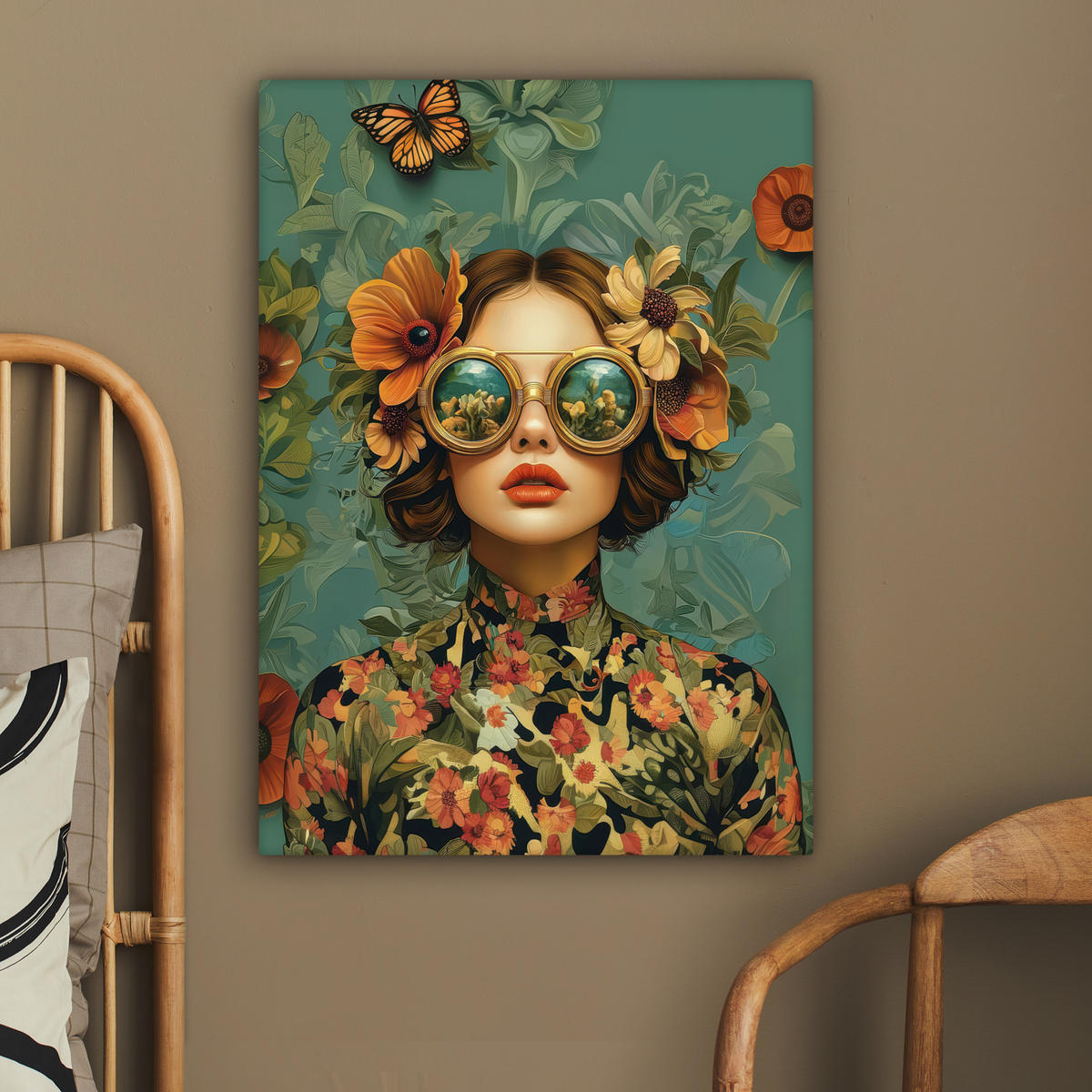 LEINWANDBILD Frau - Blumen - Schmetterlinge - Natur - Vintage Wandbild Wohnzimmer 60x80 cm - Salbeigrün, Textil (60/80cm) - MuchoWow