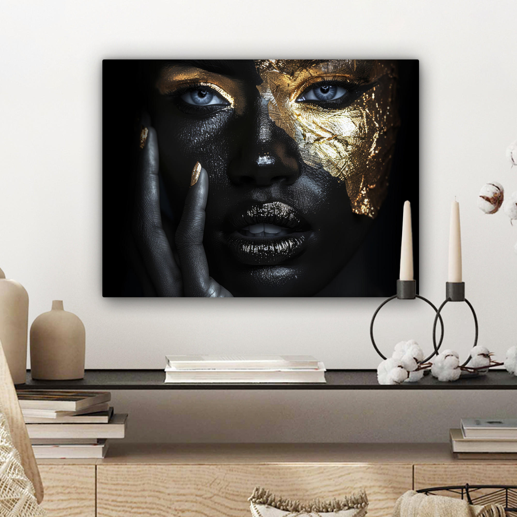 LEINWANDBILD Frau - Gold - Porträt - Schwarz-Weiß - Luxus 40x30 cm - Hellblau, Textil (40/30cm) - MuchoWow