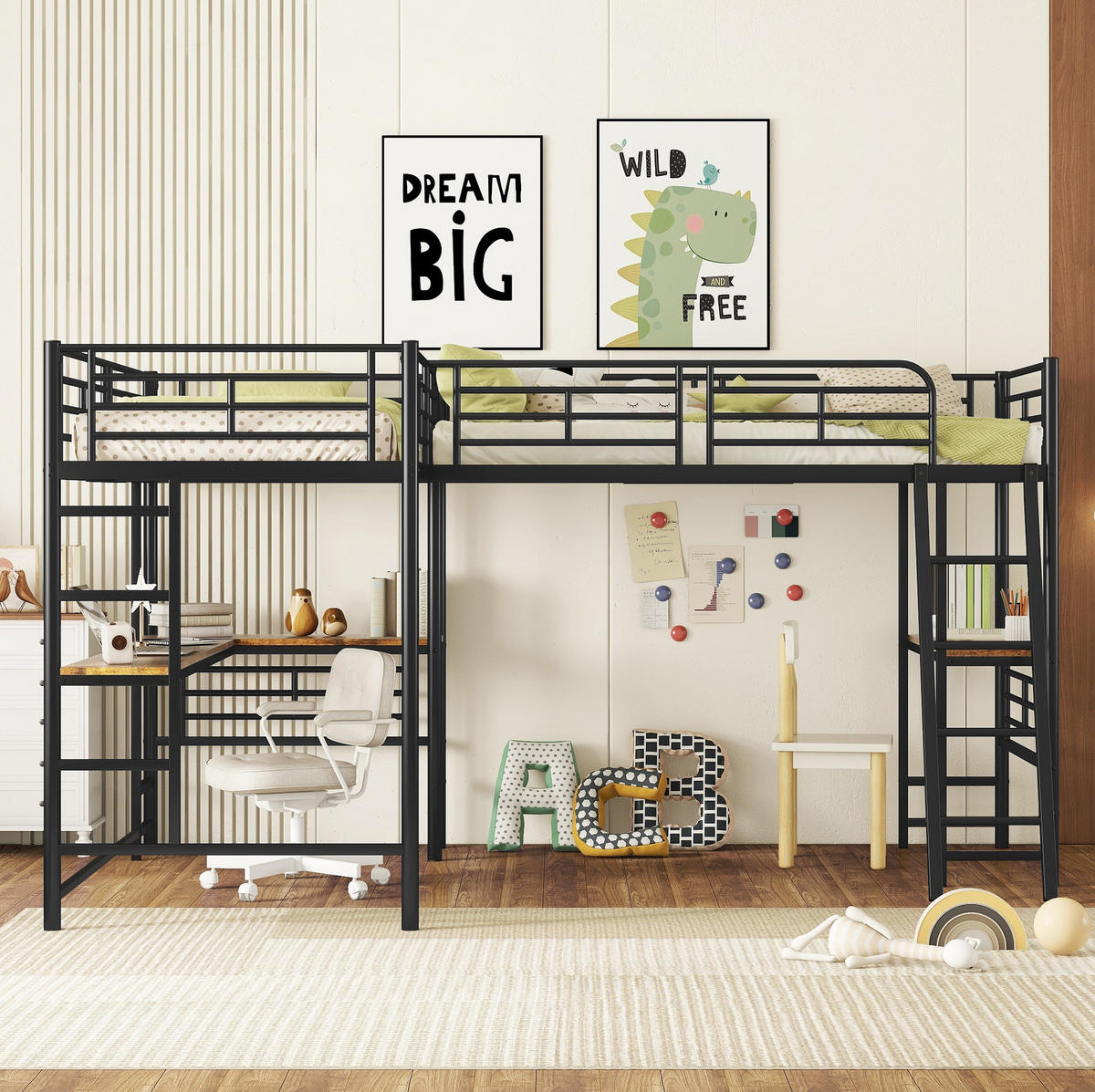 HOCHBETT 90/200 cm in Schwarz – mit Schreibtisch, hohem Rausfallschutz und Treppe - Schwarz, Metall (90/200cm) - BEAOK