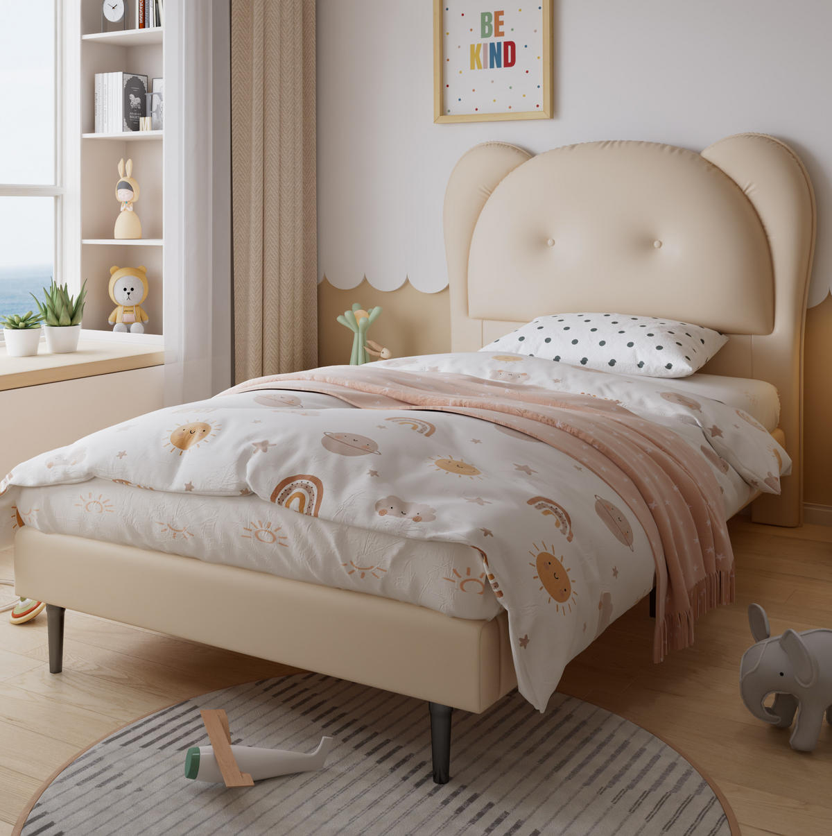 ČALOUNĚNÁ postel 90/200 cm, PU, béžová, s roztomilým zvířecím čelem - béžová, plast (90/200cm) - BEAOK
