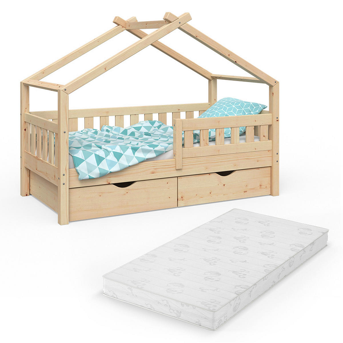 HAUSBETT Design Naturholz 80x160 cm mit 2 Schubladen und Matratze - Braun, Holz (80/160cm) - VitaliSpa