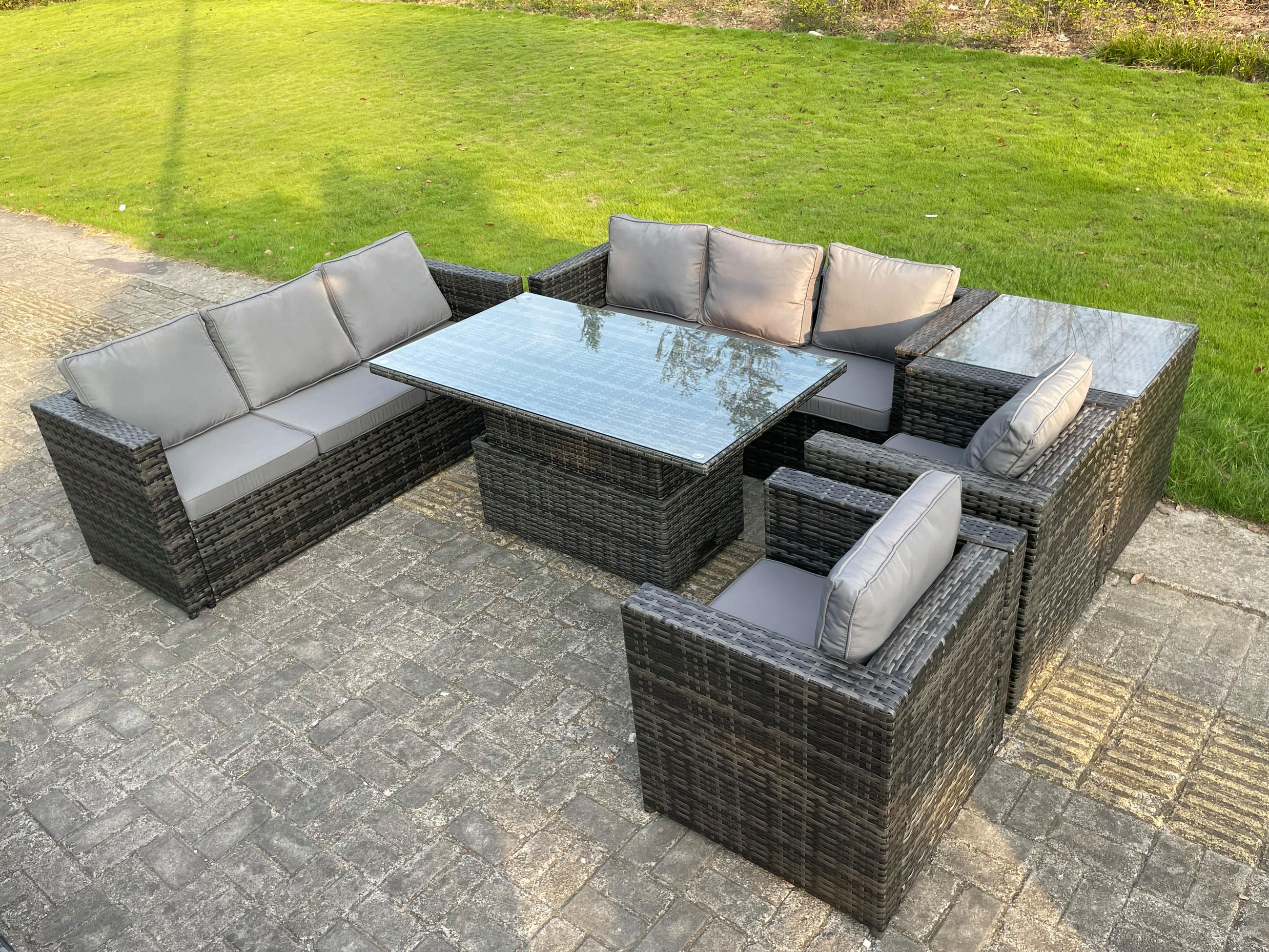 GARTENSOFA Hohe Rückenlehne Polyrattan 8-Sitzer - Dunkelgrau/Grau, Glas/Kunststoff - Fimous