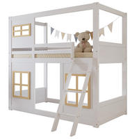 ETAGENBETT aus Kiefer und MDF 90x200 cm Weiß/Natur mit Fenstern, Trittleiter und vierseitigem Rausfallschutz - Weiß, Holzwerkstoff (90/200cm) - Modfu