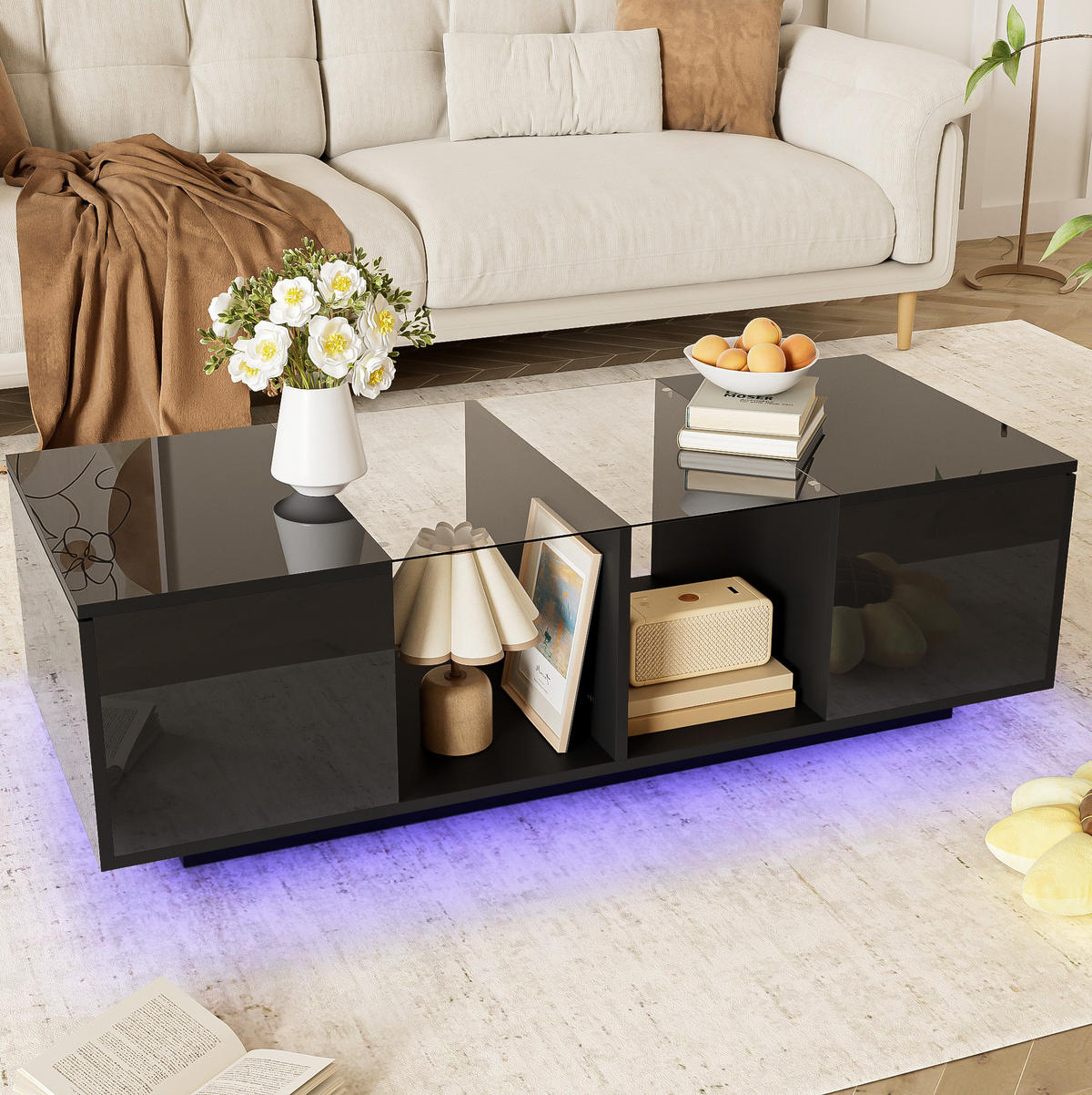 COUCHTISCH, Hochglanz/Matt mit Glasplatte und steuerbarer LED, 120/50/38,5 cm, Schwarz - Schwarz, Holzwerkstoff (120/50/38.5cm) - Redom