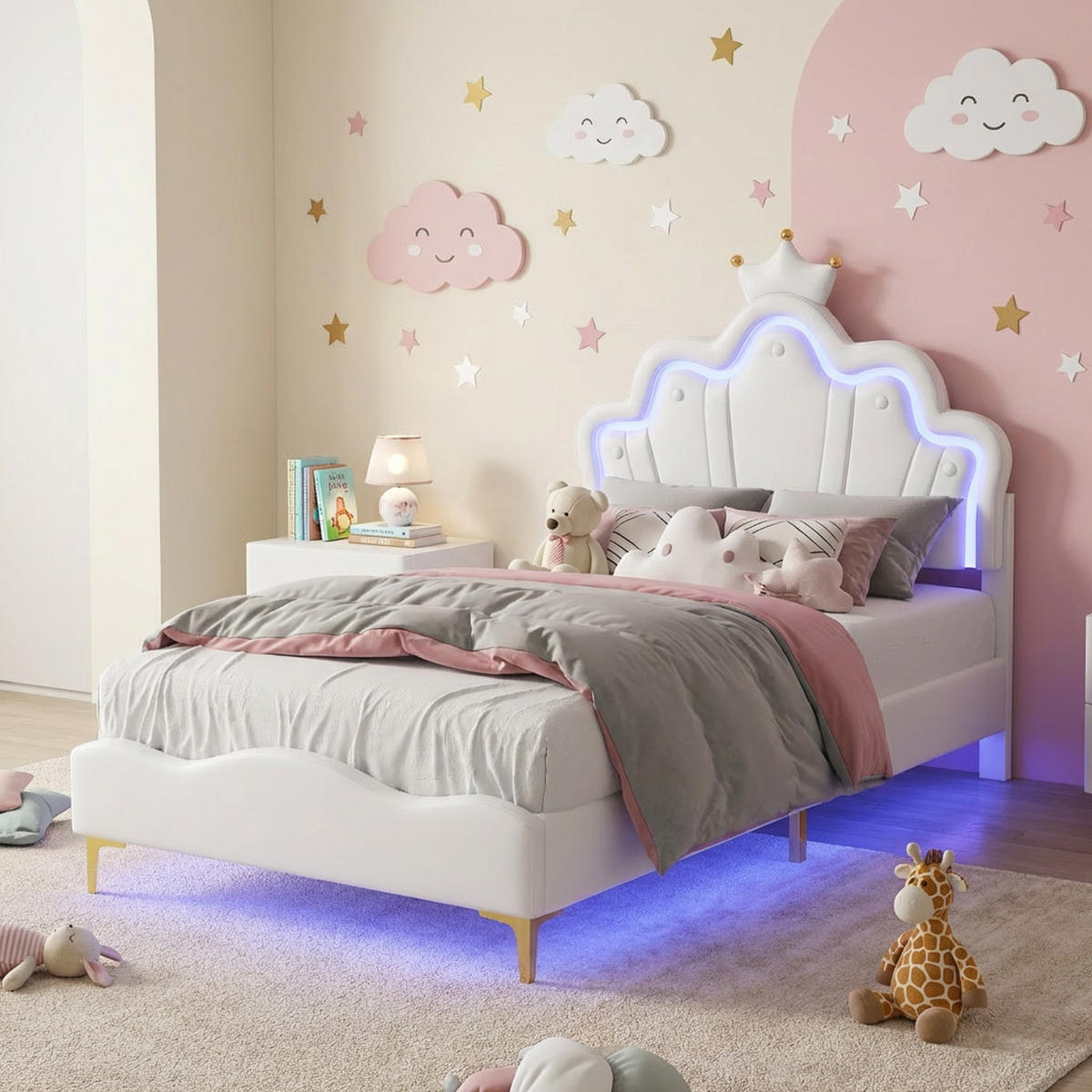 KINDEREINZELBETT 90 x 200 cm, Prinzessinnenbett im Kronenstil, PU-Leder, verstellbare LED-Ambientebeleuchtung, weiß, Kinderbetten - Weiß, Holz (90/200cm) - WoodenAura