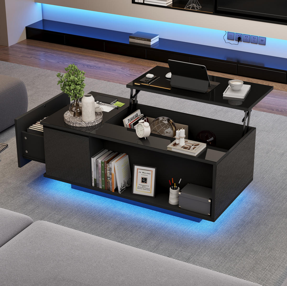 KLUB stolić 100/50/40 cm crni od iverice s podiznom pločom i LED rasvjetom - crna, drvni materijal (100/50/40cm) - OKWISH