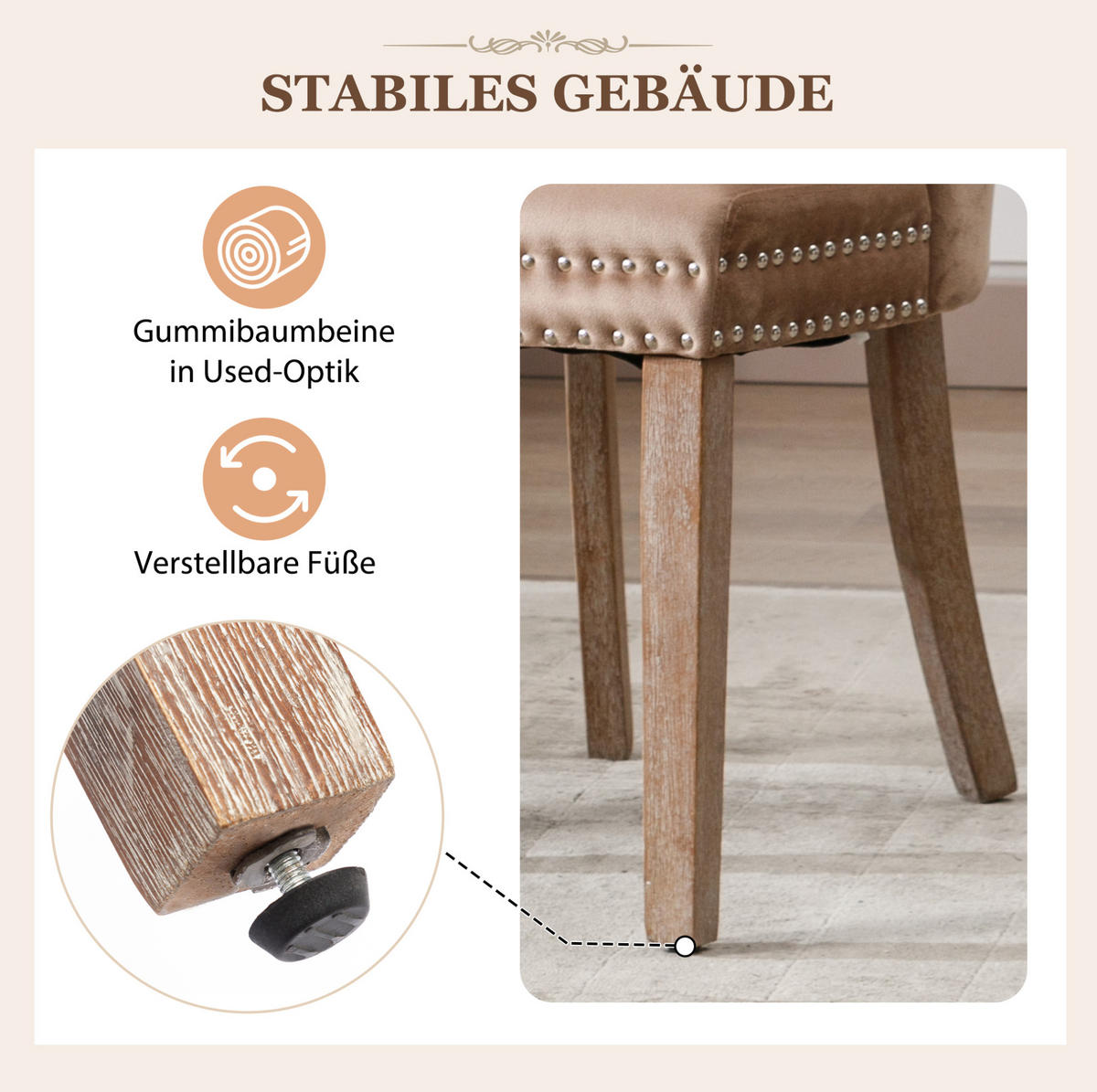 POLSTERSTUHL 2er-Set Samt mit Nagelkopfbesatz und Massivholzbeinen Light Coffee - Braun, Holz (46.5/95/53cm) - Meubliv