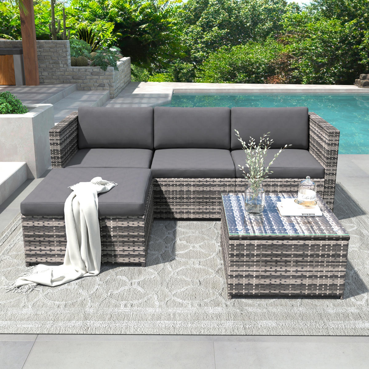 LOUNGESET Grau Poly Rattan Mit Sitzkissen & Glastisch - Grau, Metall - FLIEKS
