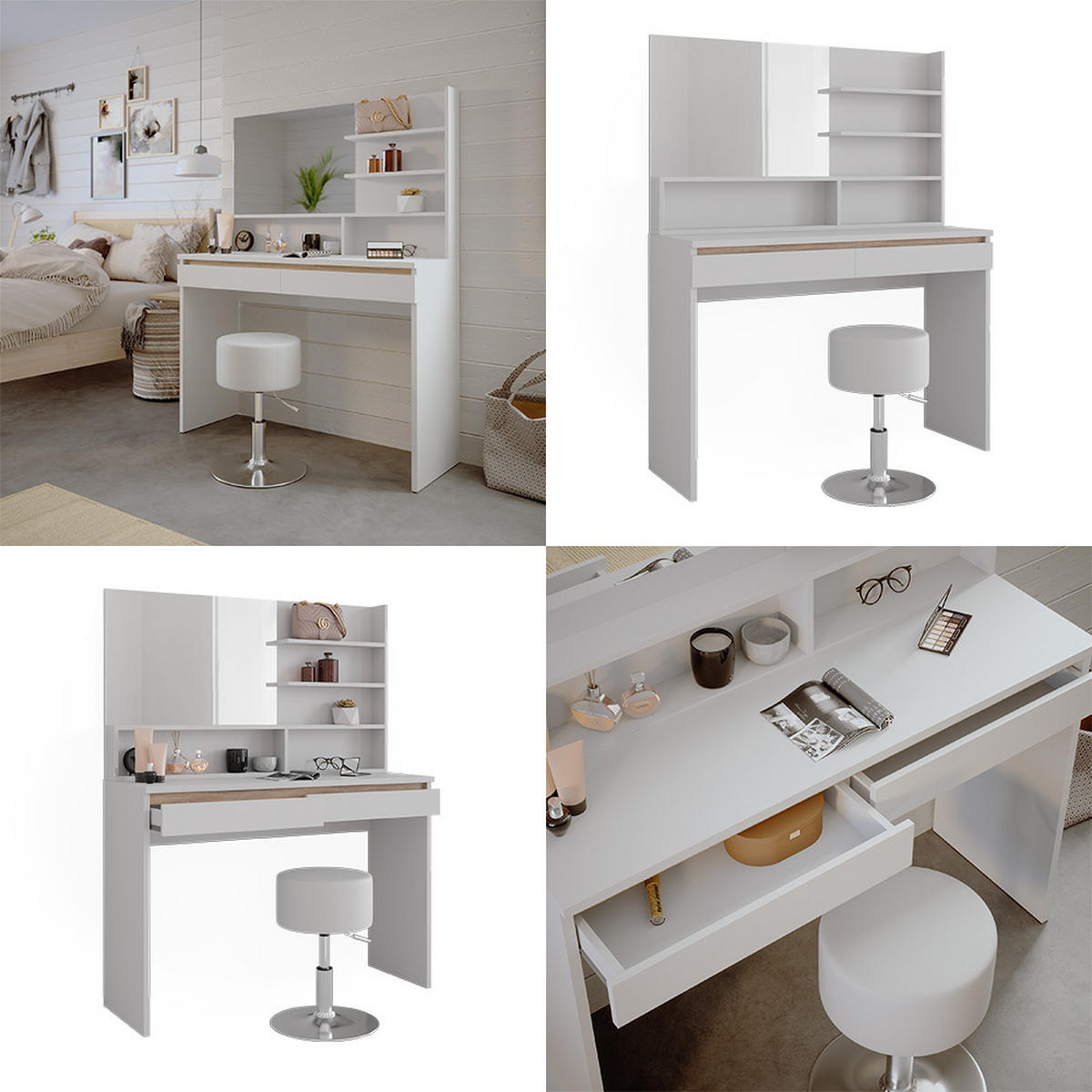SCHMINKTISCH Emma Weiß 120 cm mit Spiegelregal & Hocker - Weiß, Holzwerkstoff (120/83/41.8cm) - Vicco