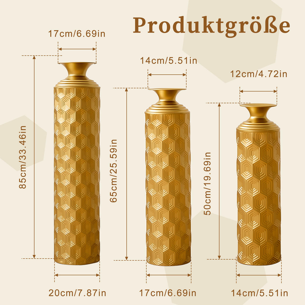 BODENVASE 3-tlg Bodenvase Gold 50/65/85cm Metallvase Wabenmuster Dekovase Groß - Goldfarben, Metall (92.02cm) - Raelunyi