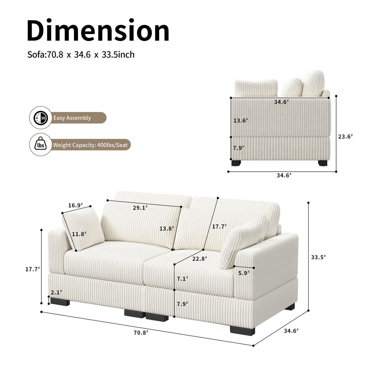 SOFA Modern Mit Streifenmuster Beige 180x87x85 Cm Komfortabel & Robust - Beige, Holz (87/85/180cm)
