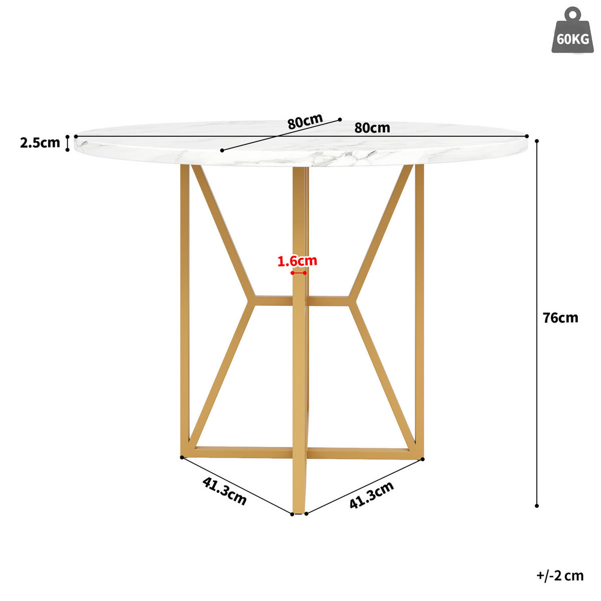 JÍDELNÍ stůl 80/80/76 cm zlatá z MDF a kovu s mramorovým dekorem a nastavitelnými nohami - bílá, kompozitní dřevo (80/80/76cm) - OKWISH