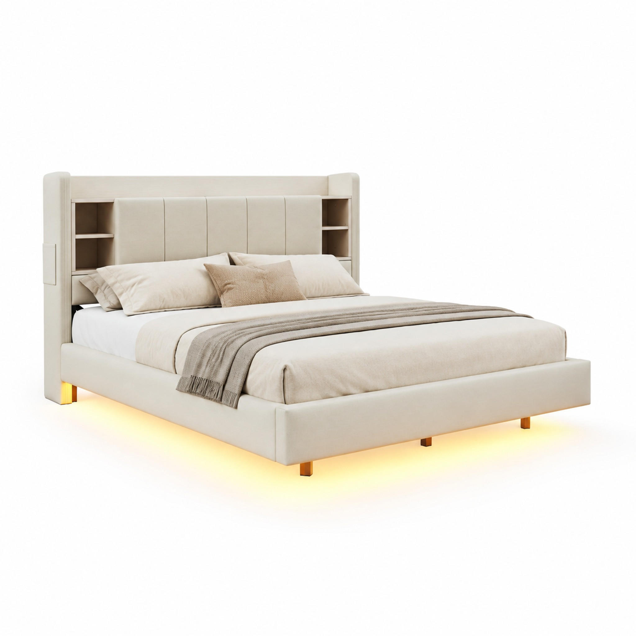 POLSTERBETT mit Stauraum, LED und USB 140x200 cm Beige - Beige, Metall (140/200cm) - Meubliv